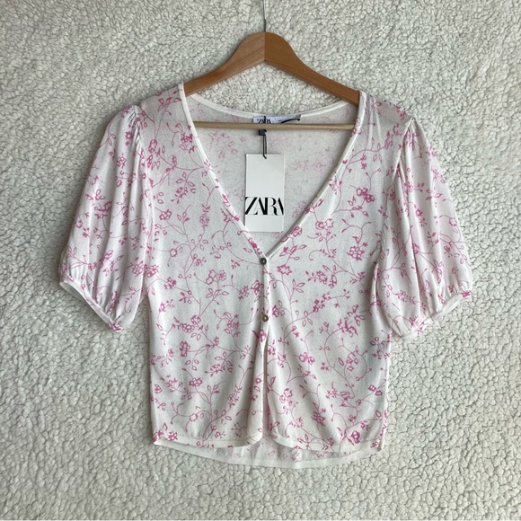 NWT Zara Women's puff short sleeve white floral open front cardigan, Sz L - Picture 5 of 17